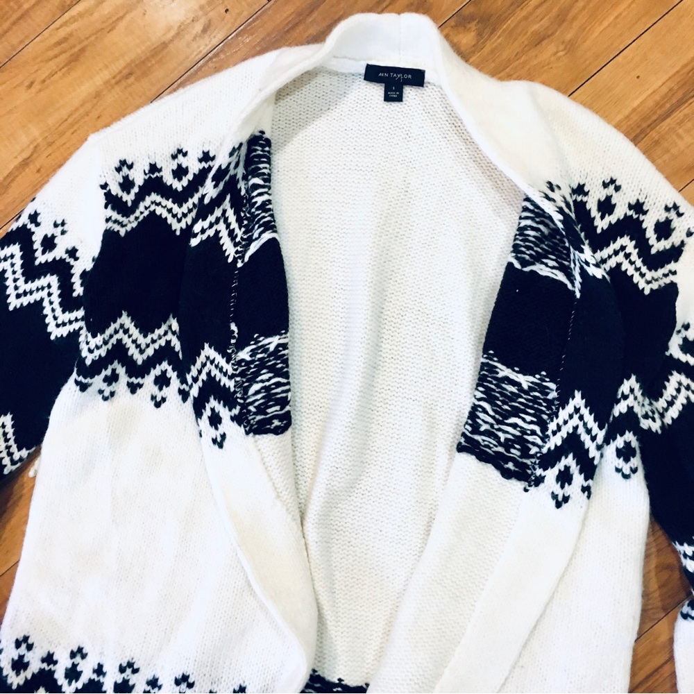 Ann Taylor cable knit cardigan sweater wrap white black soft cozy wool b…
